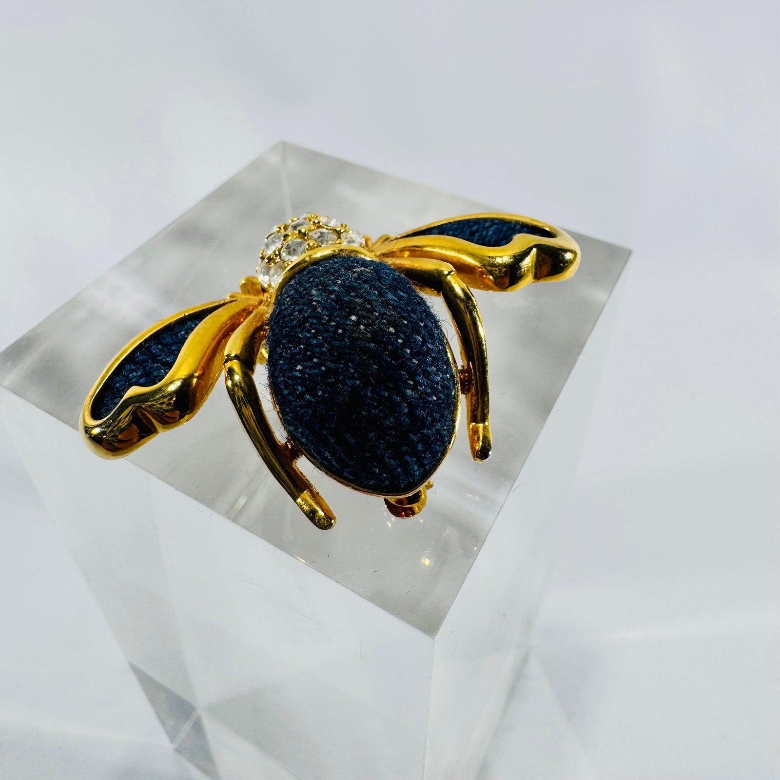 Joan Rivers Bee Brooch Blue Denim Crystal Gold Tone Signed Insect Pin