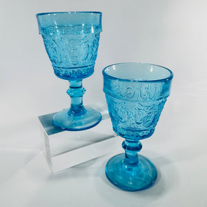 L G Wright Westward Ho Wine Glasses Blue Pioneer Pattern Stemmed Pair
