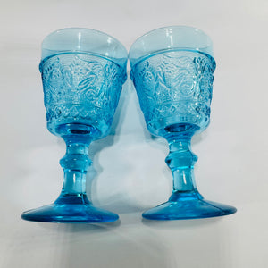 L G Wright Westward Ho Wine Glasses Blue Pioneer Pattern Stemmed Pair