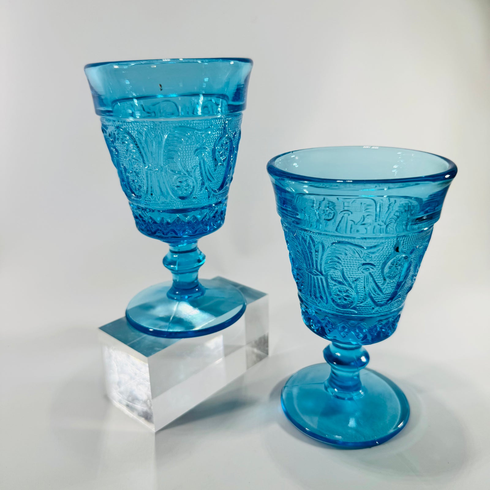 Willow Oak Wreath Blue Goblets Bryce Brothers EAPG Antique Pressed Glass Pair Circa 1880s