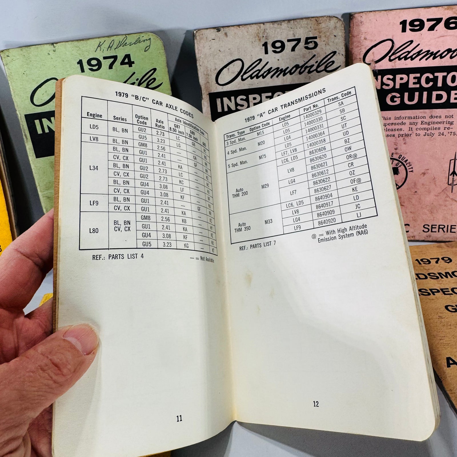 Vintage Oldsmobile Inspector’s Guide Lot (1973–1979) — 8 Pocket Manuals, Codes & Specs (Cutlass / 88 / 98 / F-85 / A-B-C)