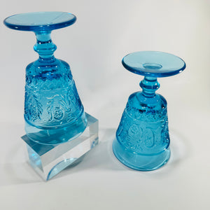 Willow Oak Wreath Blue Goblets Bryce Brothers EAPG Antique Pressed Glass Pair Circa 1880s