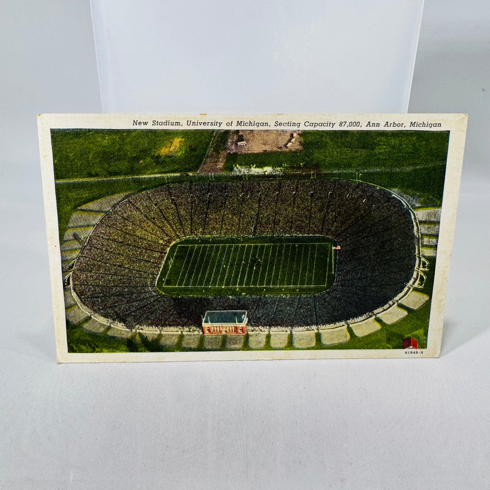 Vintage Linen Postcard — Aerial View “New Stadium” University of Michigan Michigan Stadium (Ann Arbor, MI) — Seating Capacity 87,000 — Stofflet News Co.  Sports / Travel / College Football