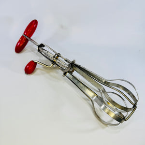 A&J EKCO High Speed Super Center Drive Rotary Hand Mixer 1940s Red Wood Handle Egg Beater Made in USA