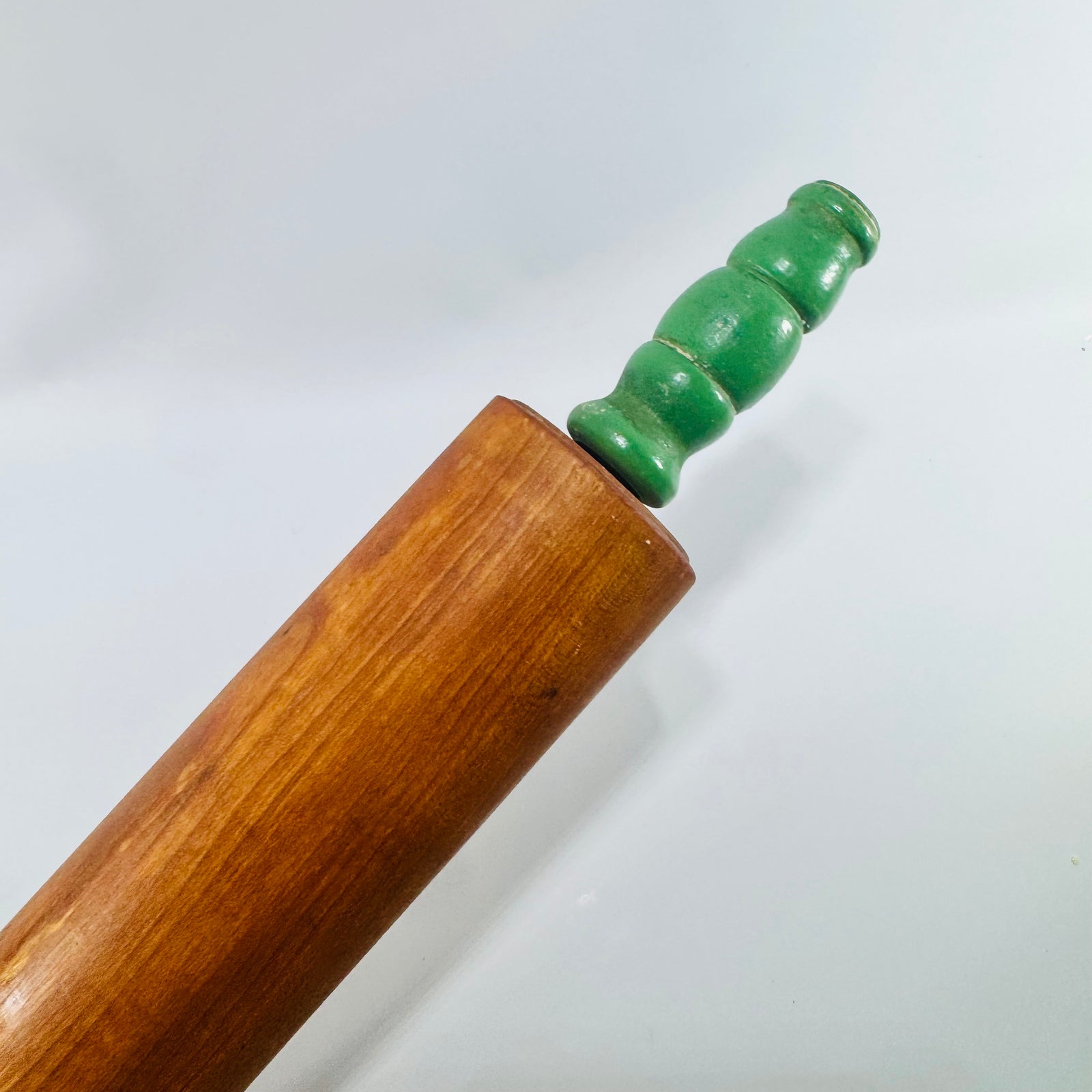 Green Handle Wooden Rolling Pin 1930s to 1950s Munising Style Hardwood Farmhouse Kitchen Baking Tool