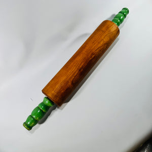 Green Handle Wooden Rolling Pin 1930s to 1950s Munising Style Hardwood Farmhouse Kitchen Baking Tool
