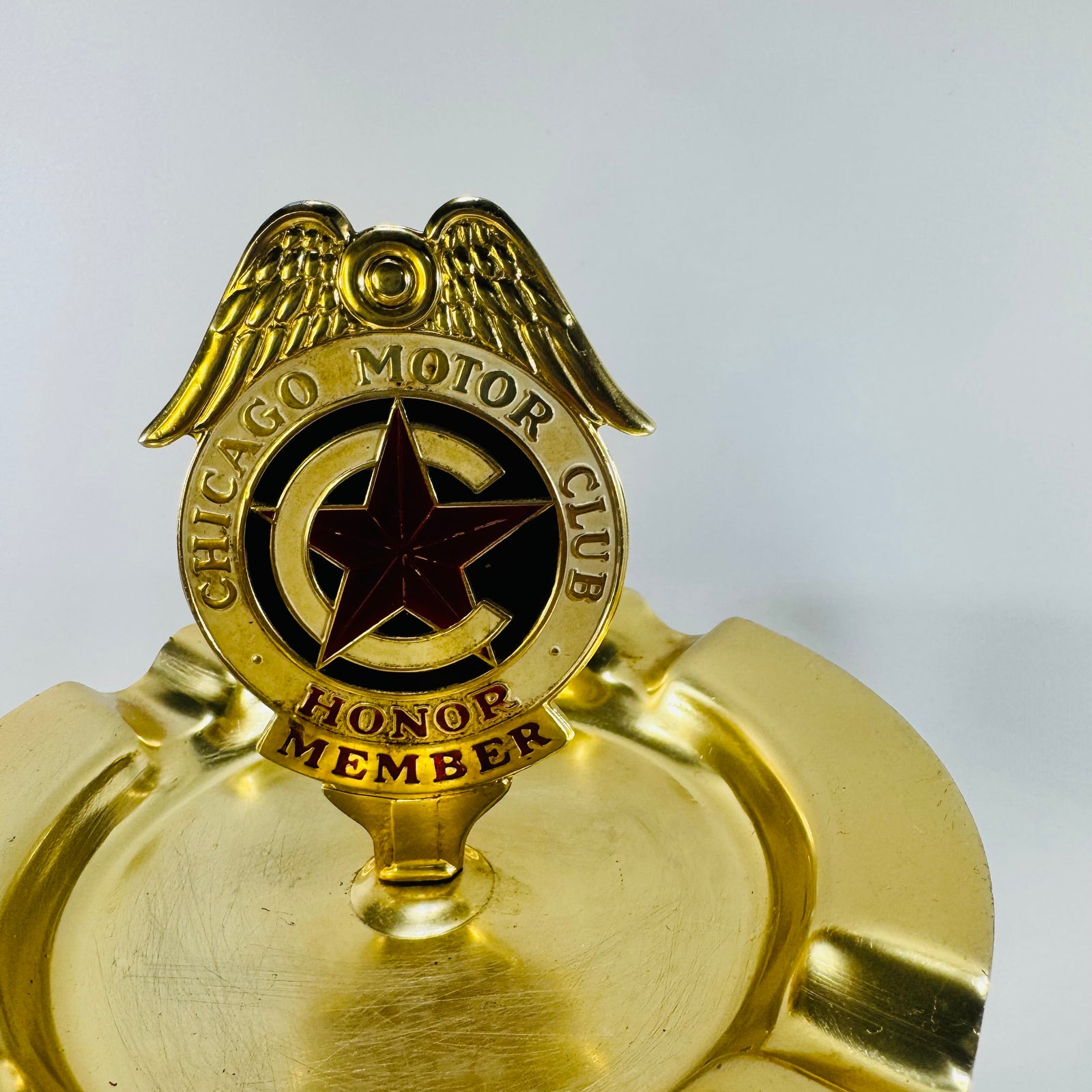 Chicago Motor Club Honor Member Brass Enamel Ashtray 1920s to 1940s Automotive Advertising