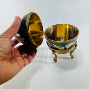 Enameled Brass Egg Trinket Box 1970s Floral Cloisonne Style with Three Leg Display Stand