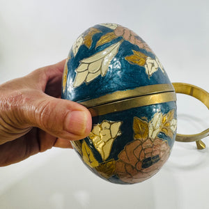 Enameled Brass Egg Trinket Box 1970s Floral Cloisonne Style with Three Leg Display Stand