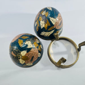 Enameled Brass Egg Trinket Box 1970s Floral Cloisonne Style with Three Leg Display Stand