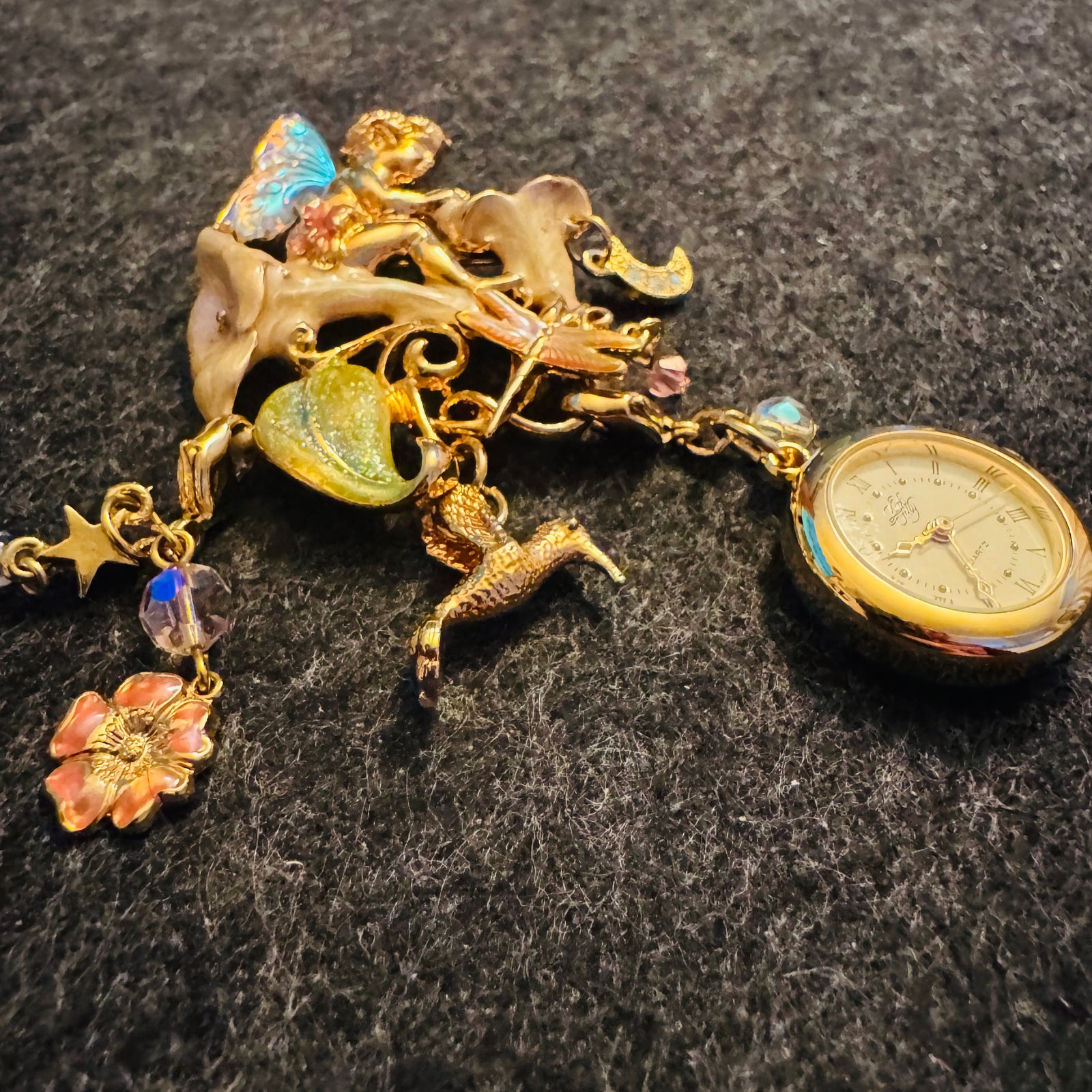 Kirks Folly Moonflower Fairy Convertible Brooch/Pendant with Removable Watch Charm (Gold Tone, Enamel & Crystals)