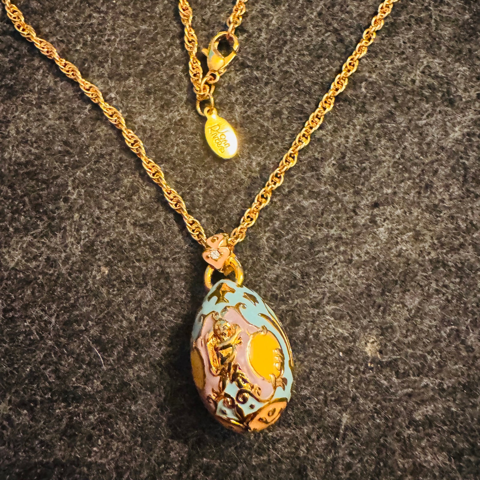 Vintage Joan Rivers Fabergé Egg Necklace 30” Gold Tone Rope Chain Pastel Enamel Cherub Pendant Rhinestone Bail