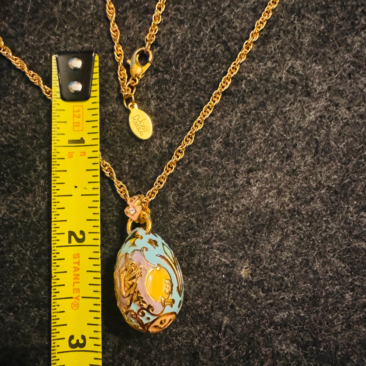 Vintage Joan Rivers Fabergé Egg Necklace 30” Gold Tone Rope Chain Pastel Enamel Cherub Pendant Rhinestone Bail