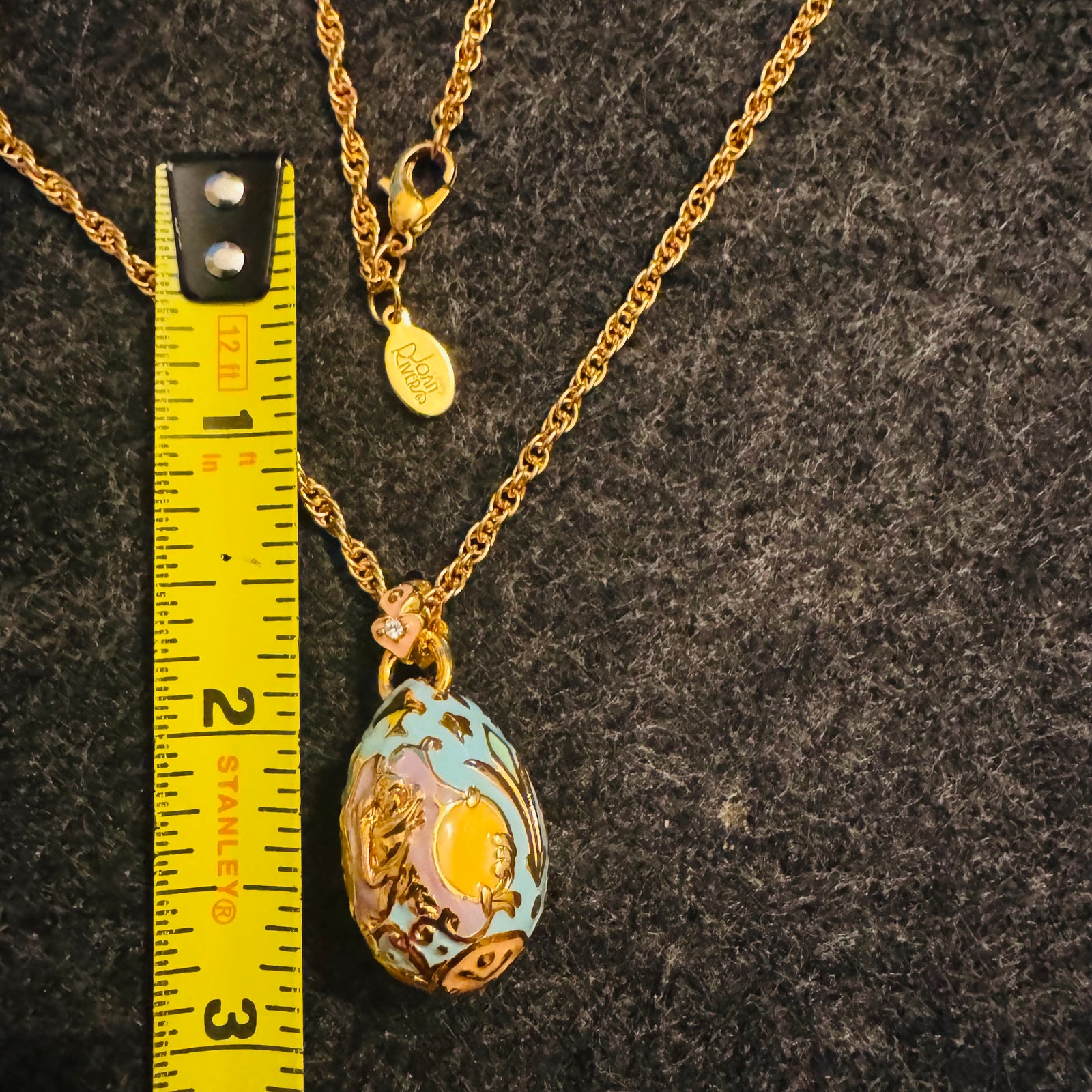 Vintage Joan Rivers Fabergé Egg Necklace 30” Gold Tone Rope Chain Pastel Enamel Cherub Pendant Rhinestone Bail