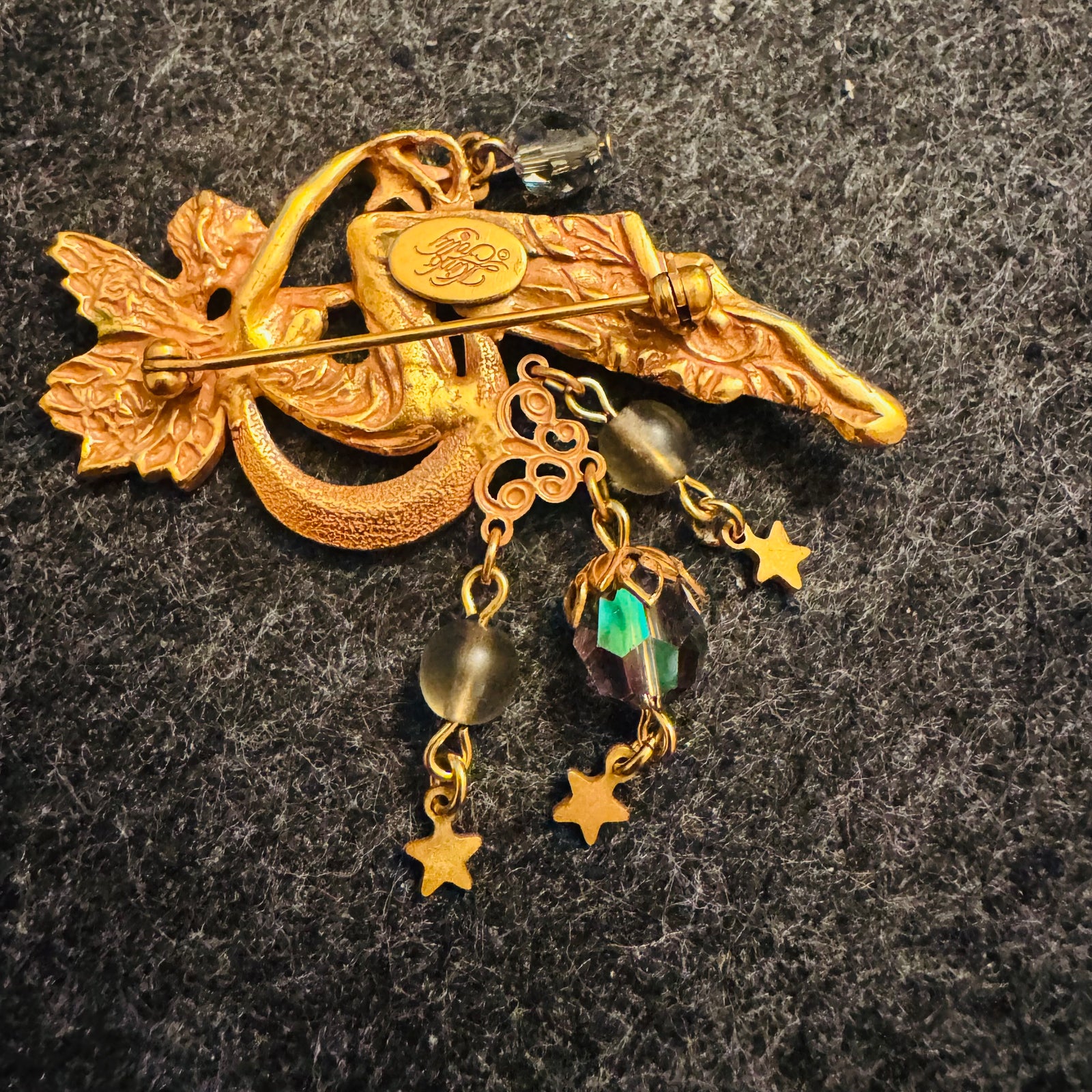 Rare Vintage Kirk’s Folly Moon Fairy Brooch Pin Gold Tone Pink Purple Enamel AB Rhinestones Faceted Beads Star Dangles Signed