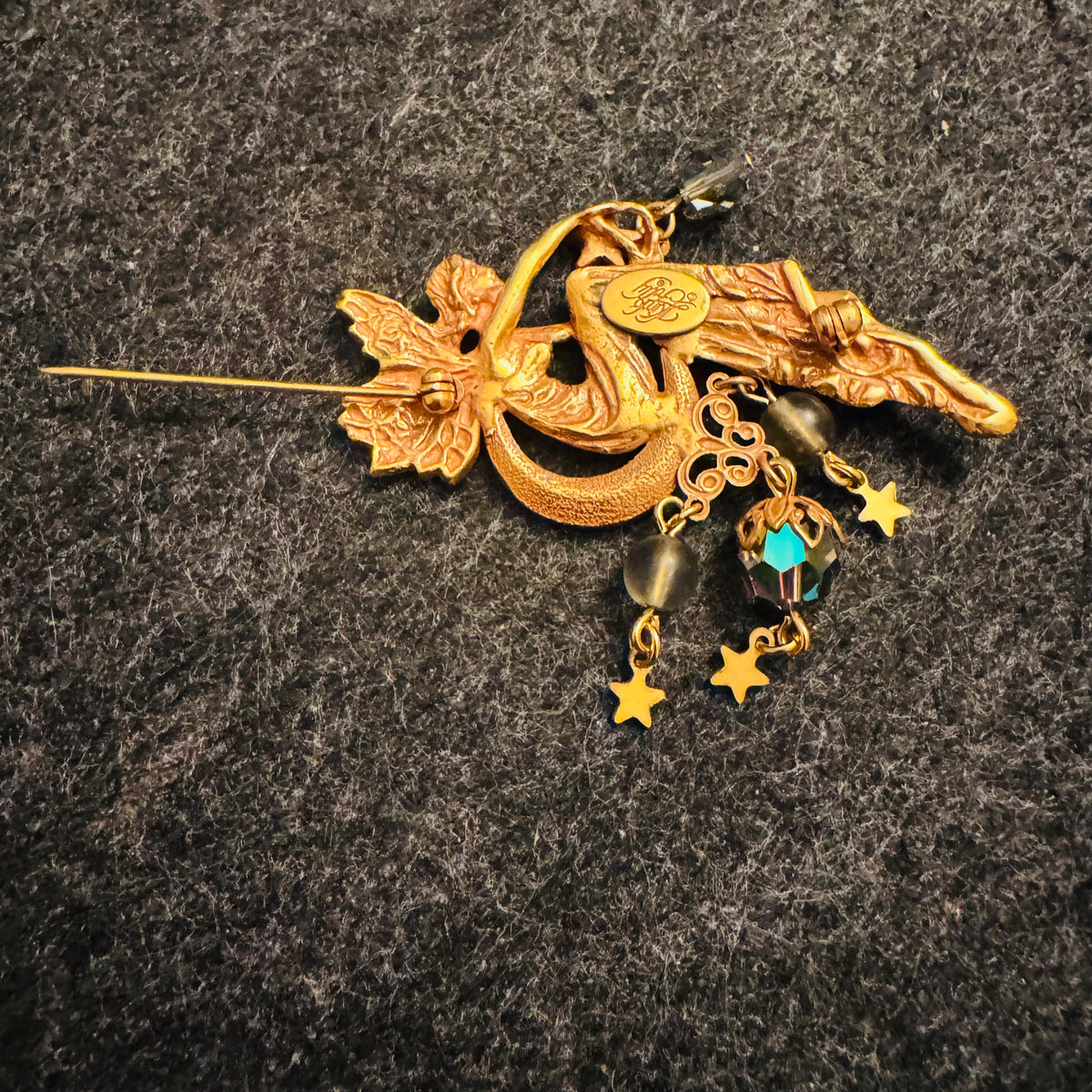 Rare Vintage Kirk’s Folly Moon Fairy Brooch Pin Gold Tone Pink Purple Enamel AB Rhinestones Faceted Beads Star Dangles Signed