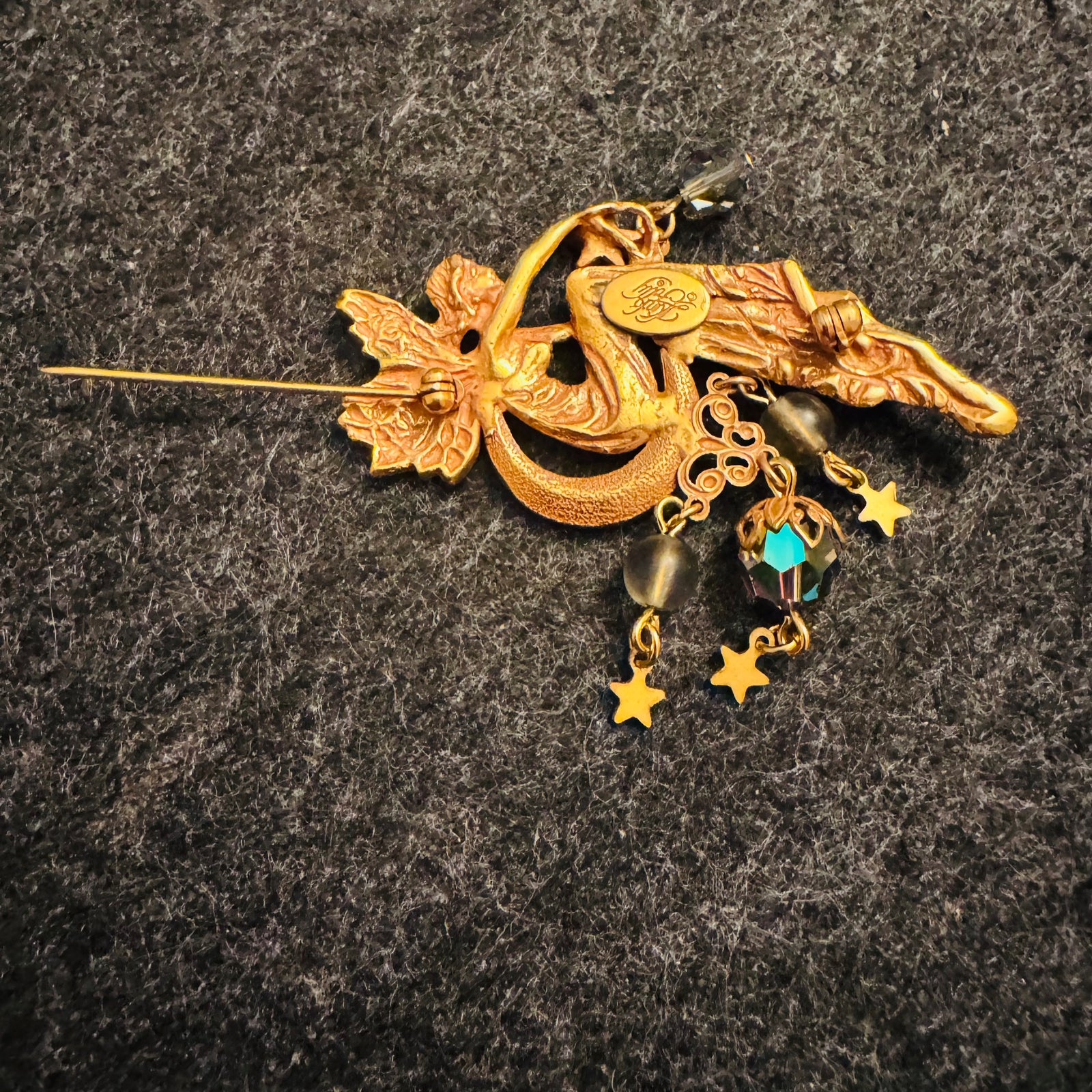 Rare Vintage Kirk’s Folly Moon Fairy Brooch Pin Gold Tone Pink Purple Enamel AB Rhinestones Faceted Beads Star Dangles Signed
