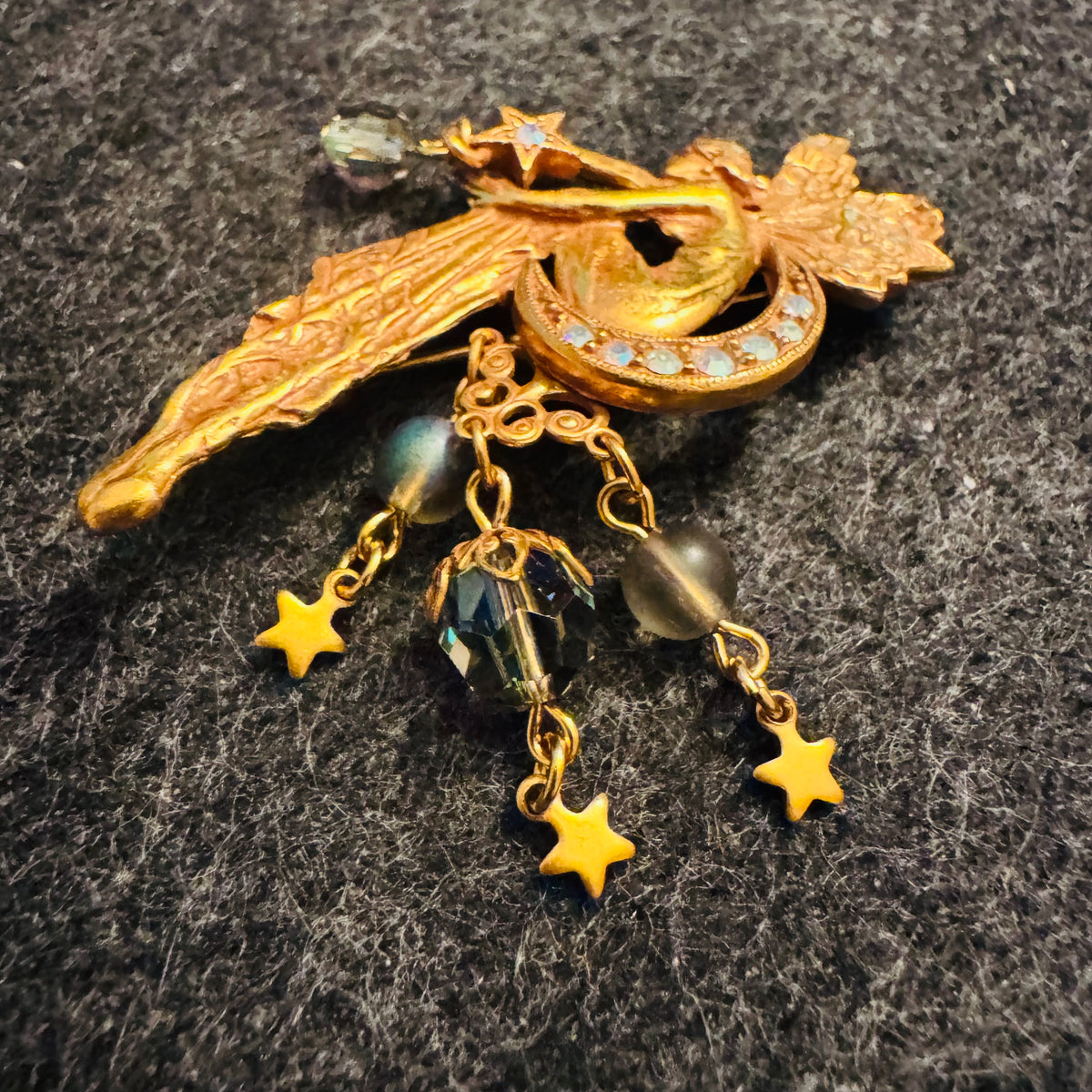 Rare Vintage Kirk’s Folly Moon Fairy Brooch Pin Gold Tone Pink Purple Enamel AB Rhinestones Faceted Beads Star Dangles Signed