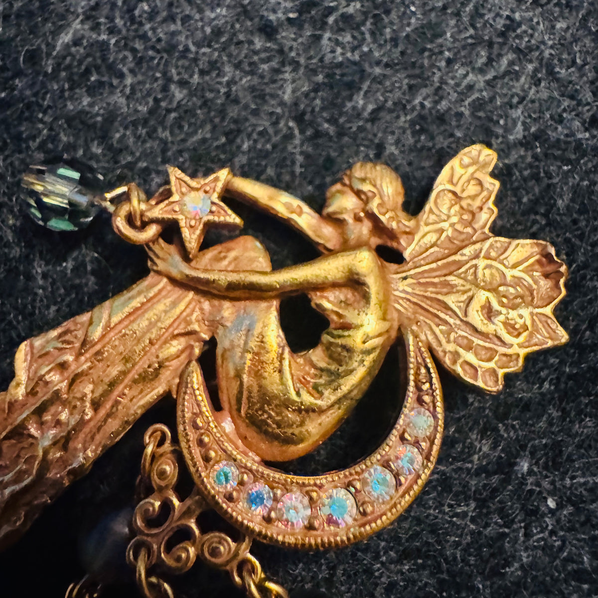 Rare Vintage Kirk’s Folly Moon Fairy Brooch Pin Gold Tone Pink Purple Enamel AB Rhinestones Faceted Beads Star Dangles Signed