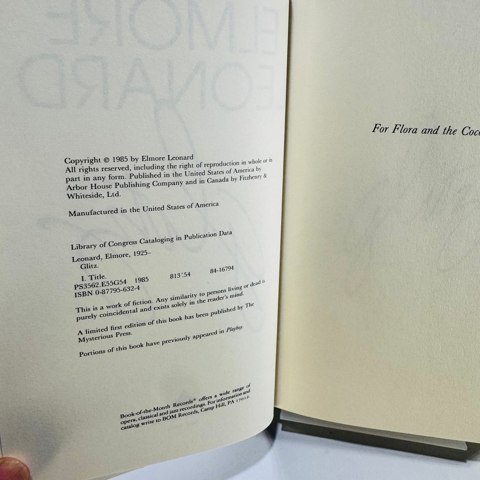 Glitz by Elmore Leonard 1985 Arbor House First Trade Edition Hardcover with Dust Jacket