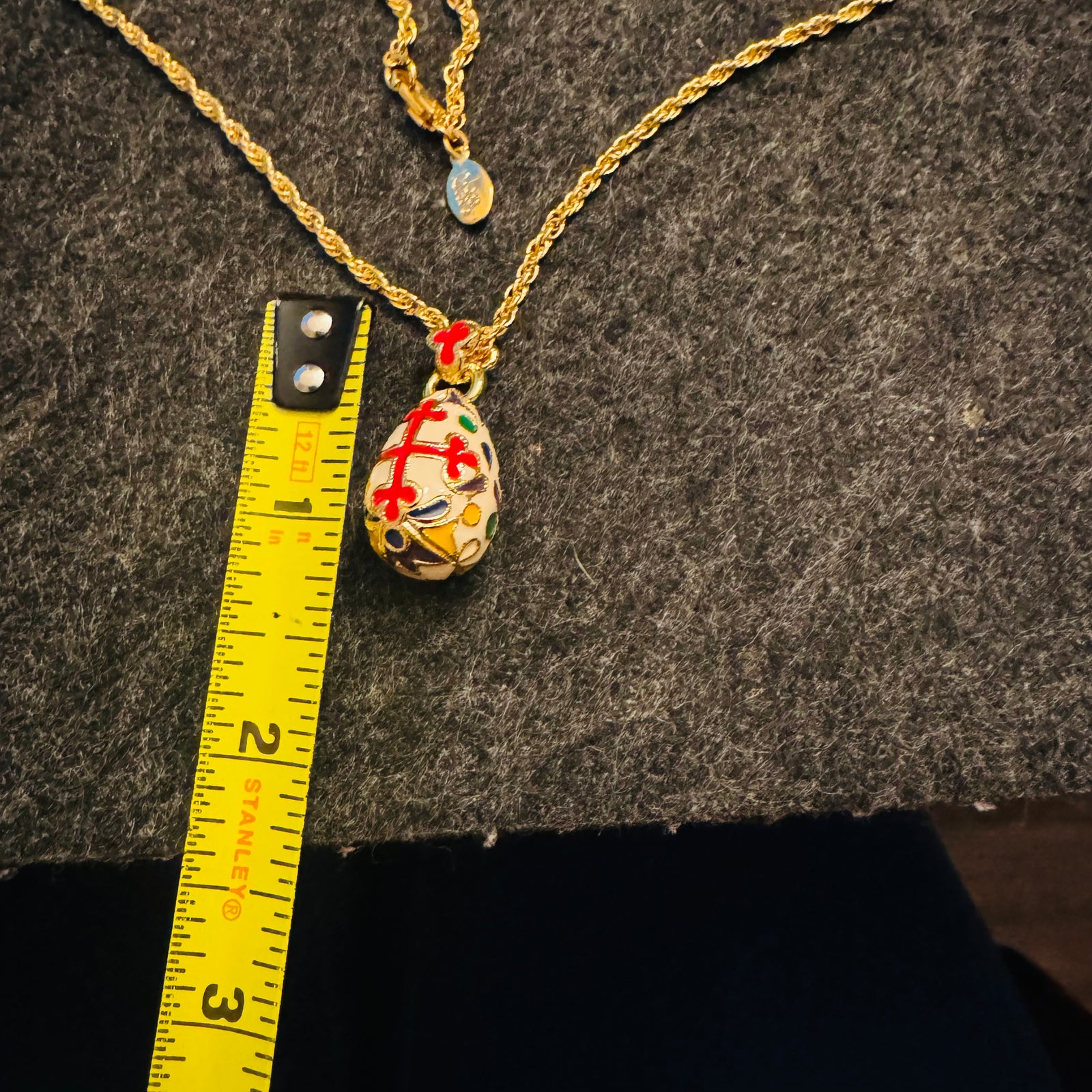 Vintage Joan Rivers Fabergé Style Egg Pendant Necklace | Gold Tone 28” Rope Chain | Multicolor Enamel Maltese Cross | Classics