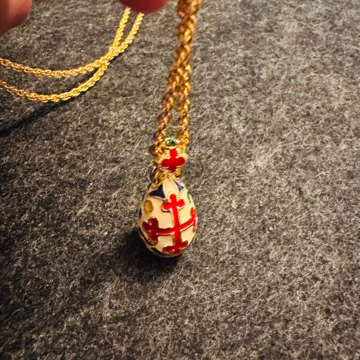 Vintage Joan Rivers Fabergé Style Egg Pendant Necklace | Gold Tone 28” Rope Chain | Multicolor Enamel Maltese Cross | Classics