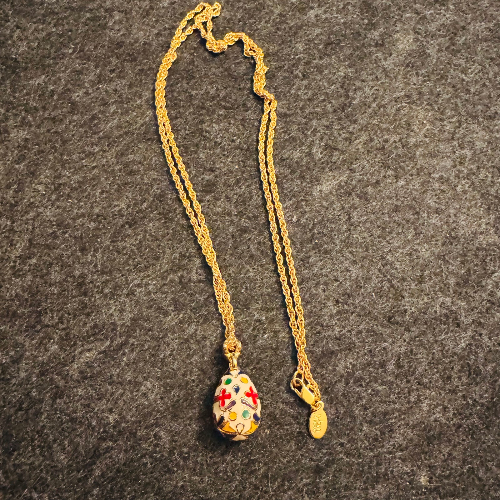 Vintage Joan Rivers Fabergé Style Egg Pendant Necklace | Gold Tone 28” Rope Chain | Multicolor Enamel Maltese Cross | Classics