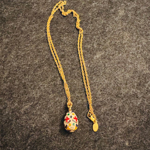 Vintage Joan Rivers Fabergé Style Egg Pendant Necklace | Gold Tone 28” Rope Chain | Multicolor Enamel Maltese Cross | Classics