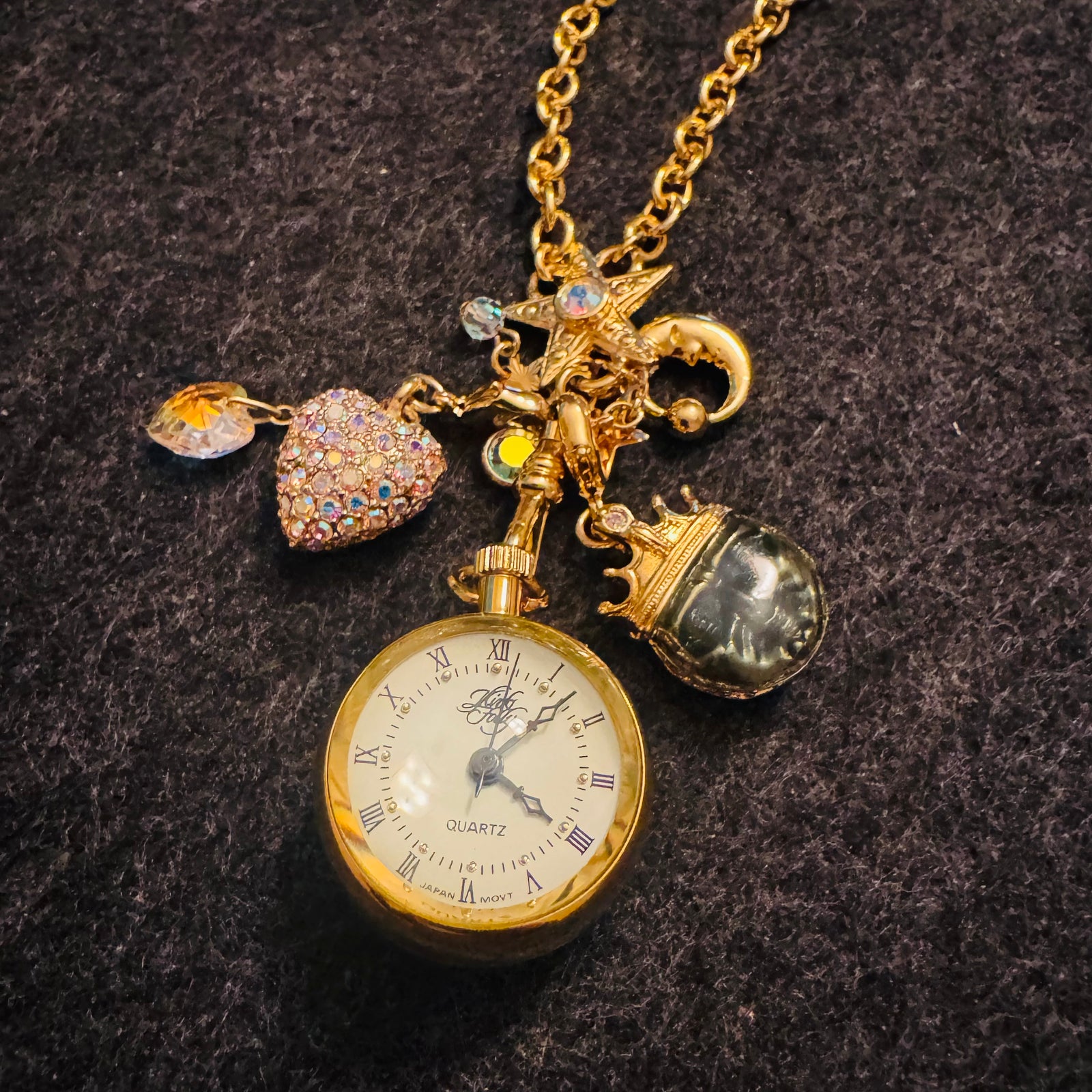 Kirk’s Folly Angel Time Watch Necklace Gold Tone Charm Pendant Celestial Star Moon Cherub AB Crystal Heart Vintage 90s