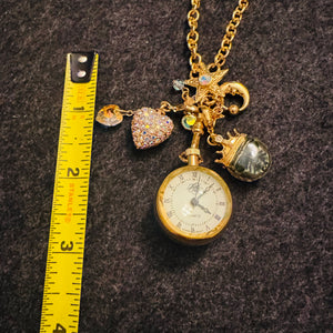 Kirk’s Folly Angel Time Watch Necklace Gold Tone Charm Pendant Celestial Star Moon Cherub AB Crystal Heart Vintage 90s