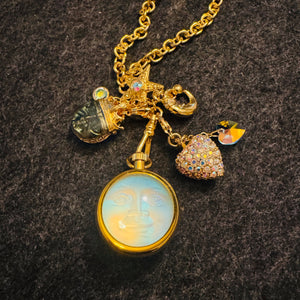 Kirk’s Folly Angel Time Watch Necklace Gold Tone Charm Pendant Celestial Star Moon Cherub AB Crystal Heart Vintage 90s