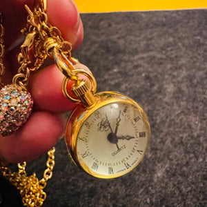 Kirk’s Folly Angel Time Watch Necklace Gold Tone Charm Pendant Celestial Star Moon Cherub AB Crystal Heart Vintage 90s