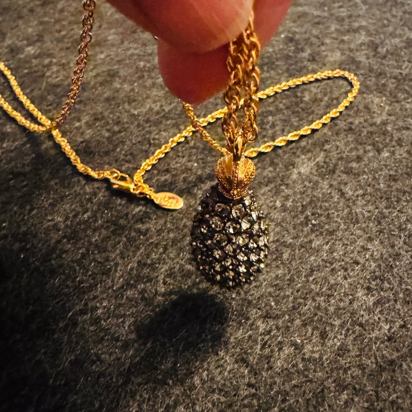 Vintage Joan Rivers Caviar Egg Necklace Black Swarovski Crystal Pavé Pendant 28” Gold Tone Rope Chain Signed Tag