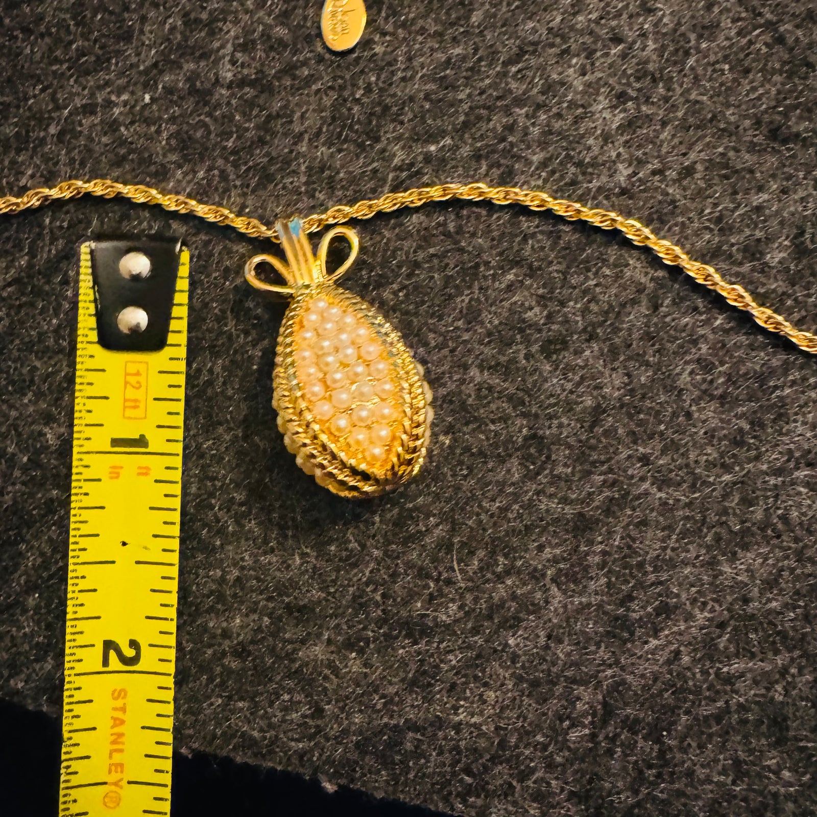 Vintage Joan Rivers Faux Pearl Egg Pendant Necklace – Gold Tone Faberge Inspired, Signed Hangtag (27”)