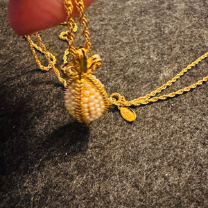 Vintage Joan Rivers Faux Pearl Egg Pendant Necklace – Gold Tone Faberge Inspired, Signed Hangtag (27”)