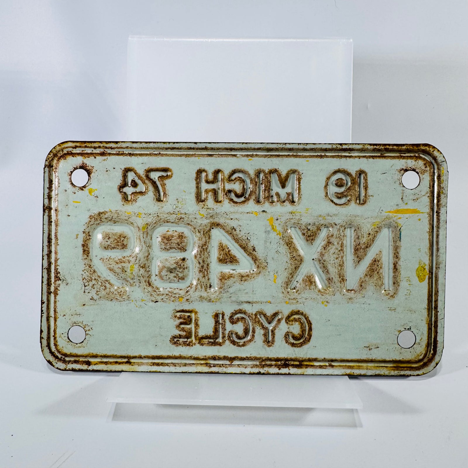 1974 Michigan Motorcycle License Plate “NX 489” Blue & Yellow Metal Tag | Vintage Bike Plate Wall Decor | Man Cave Garage
