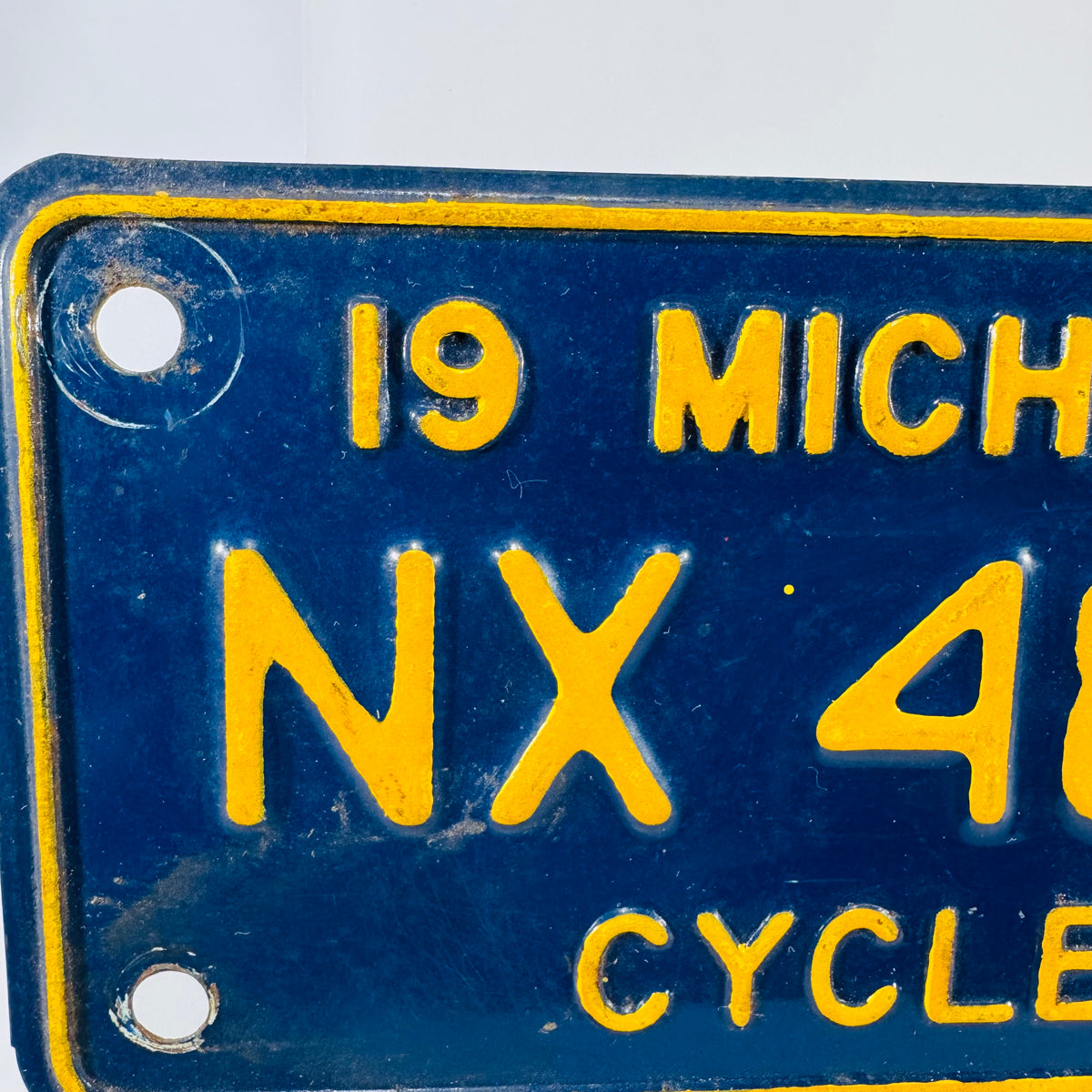 1974 Michigan Motorcycle License Plate “NX 489” Blue & Yellow Metal Tag | Vintage Bike Plate Wall Decor | Man Cave Garage