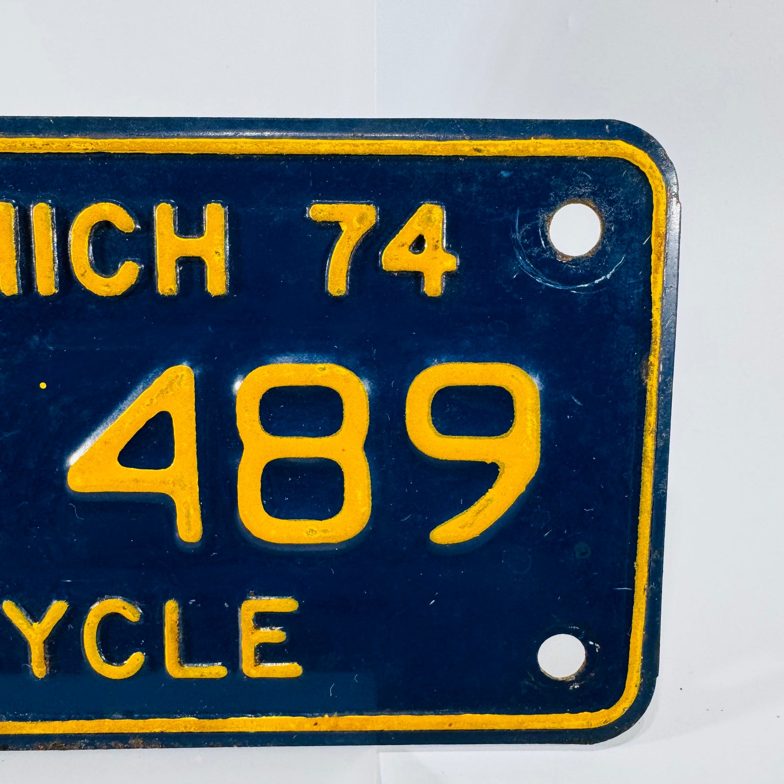 1974 Michigan Motorcycle License Plate “NX 489” Blue & Yellow Metal Tag | Vintage Bike Plate Wall Decor | Man Cave Garage