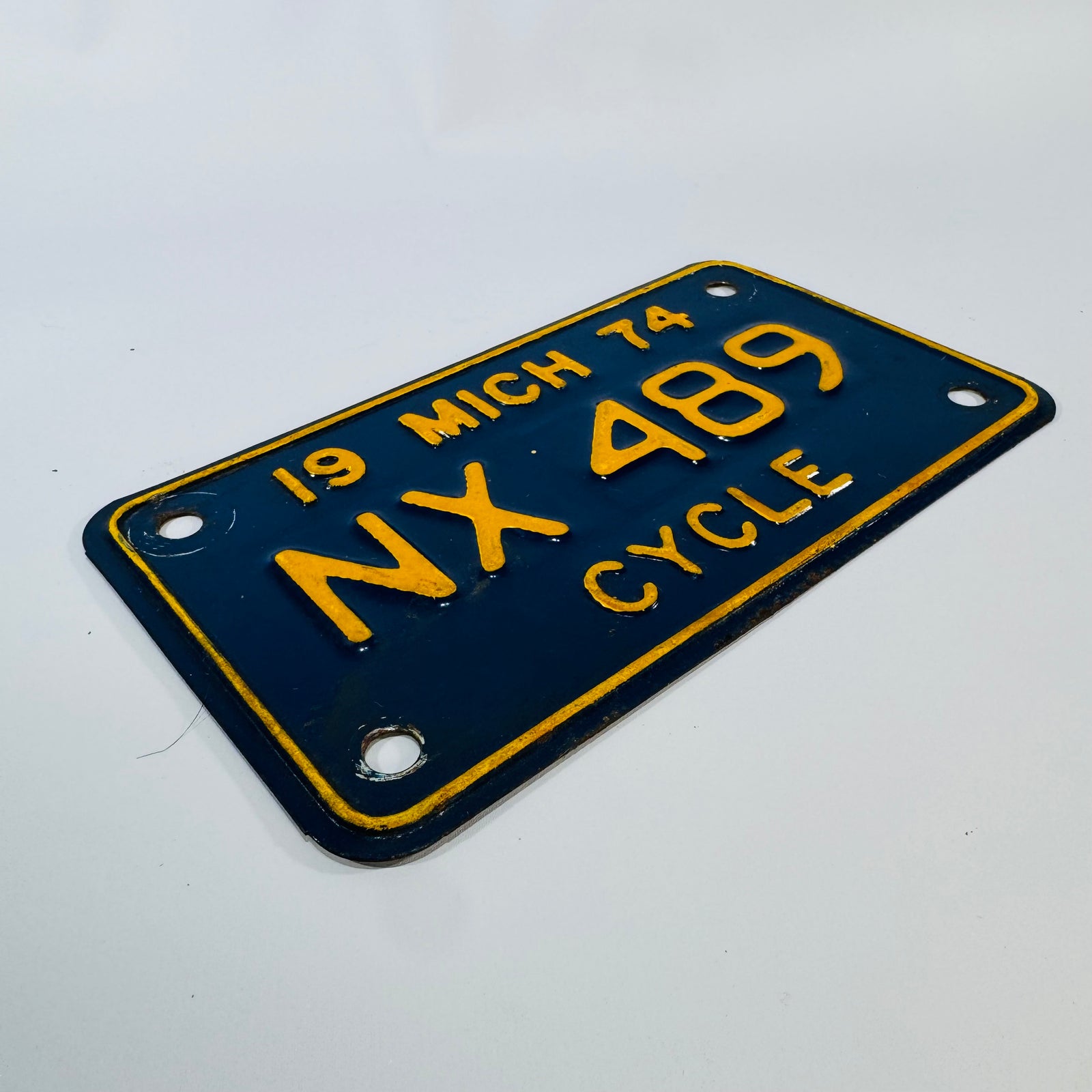 1974 Michigan Motorcycle License Plate “NX 489” Blue & Yellow Metal Tag | Vintage Bike Plate Wall Decor | Man Cave Garage