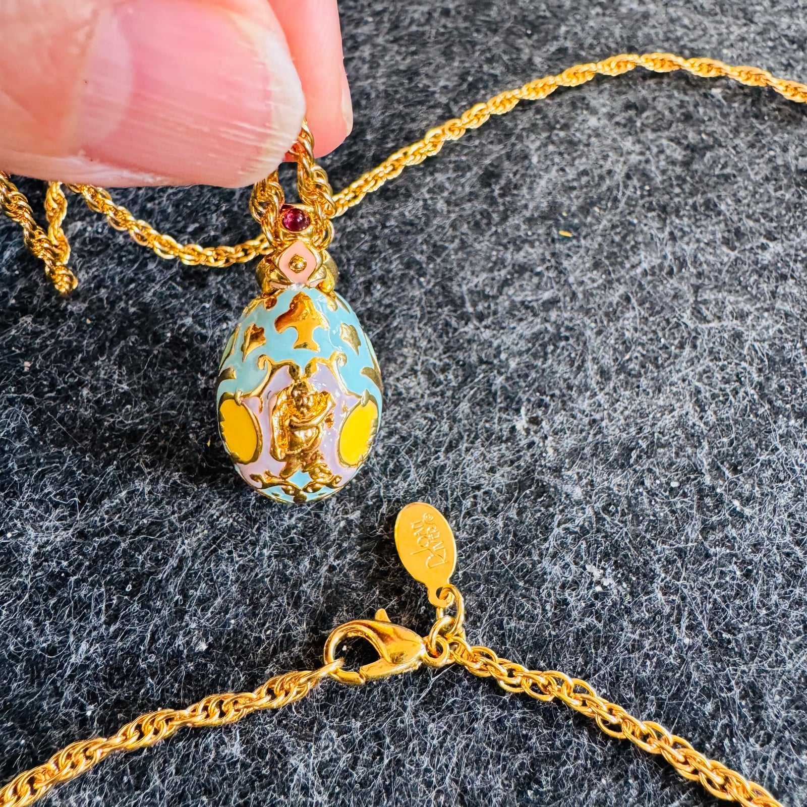 Vintage Joan Rivers Fabergé Egg Necklace 30” Gold Tone Rope Chain Pastel Enamel Cherub Pendant Rhinestone Bail