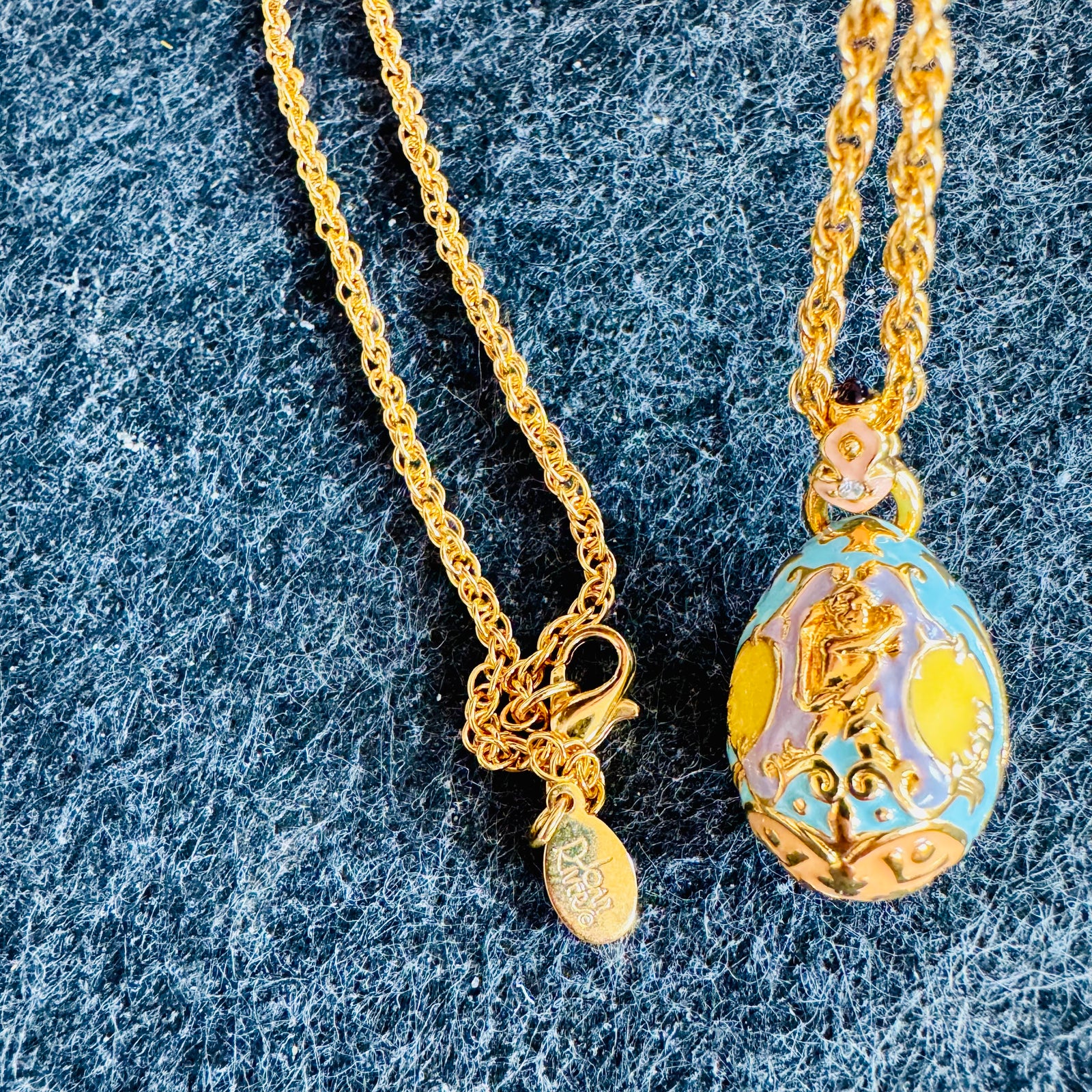 Vintage Joan Rivers Fabergé Egg Necklace 30” Gold Tone Rope Chain Pastel Enamel Cherub Pendant Rhinestone Bail