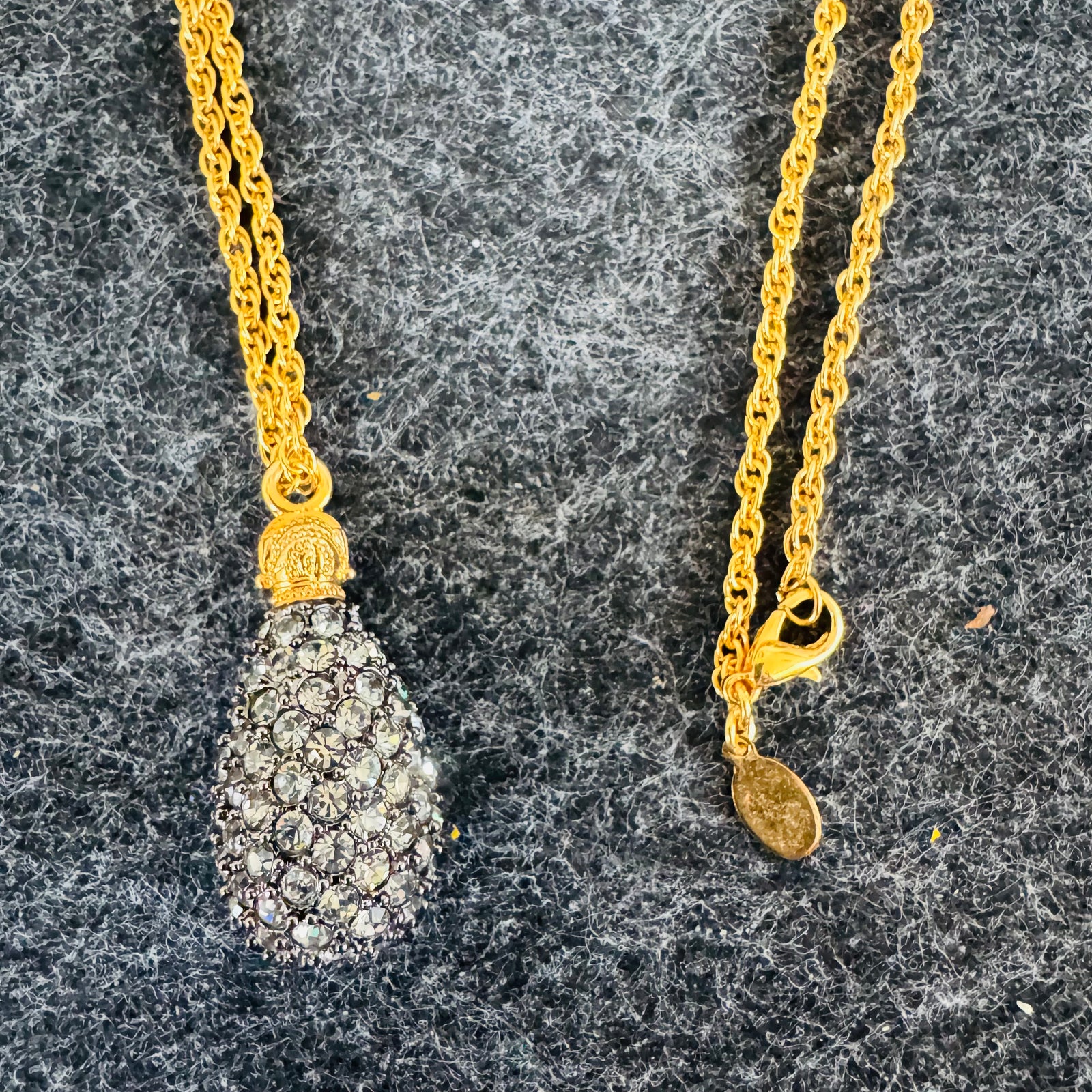 Vintage Joan Rivers Caviar Egg Necklace Black Swarovski Crystal Pavé Pendant 28” Gold Tone Rope Chain Signed Tag