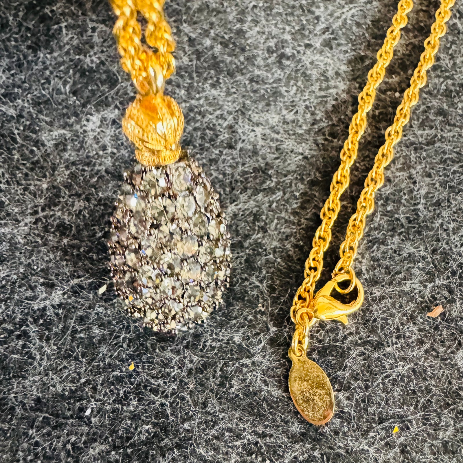 Vintage Joan Rivers Caviar Egg Necklace Black Swarovski Crystal Pavé Pendant 28” Gold Tone Rope Chain Signed Tag