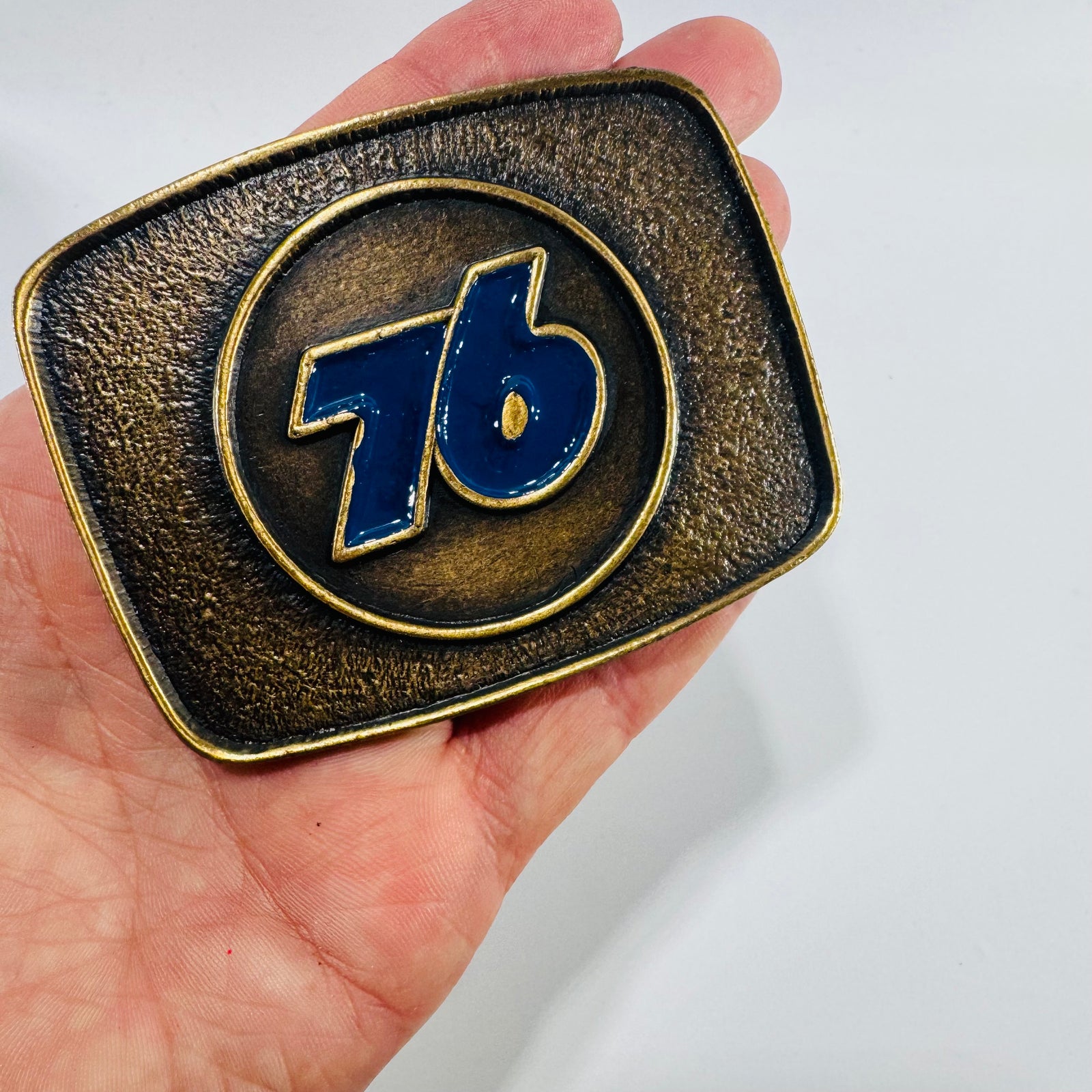 Union 76 Gas Station Uniform Belt Buckle 1970s Blue Enamel