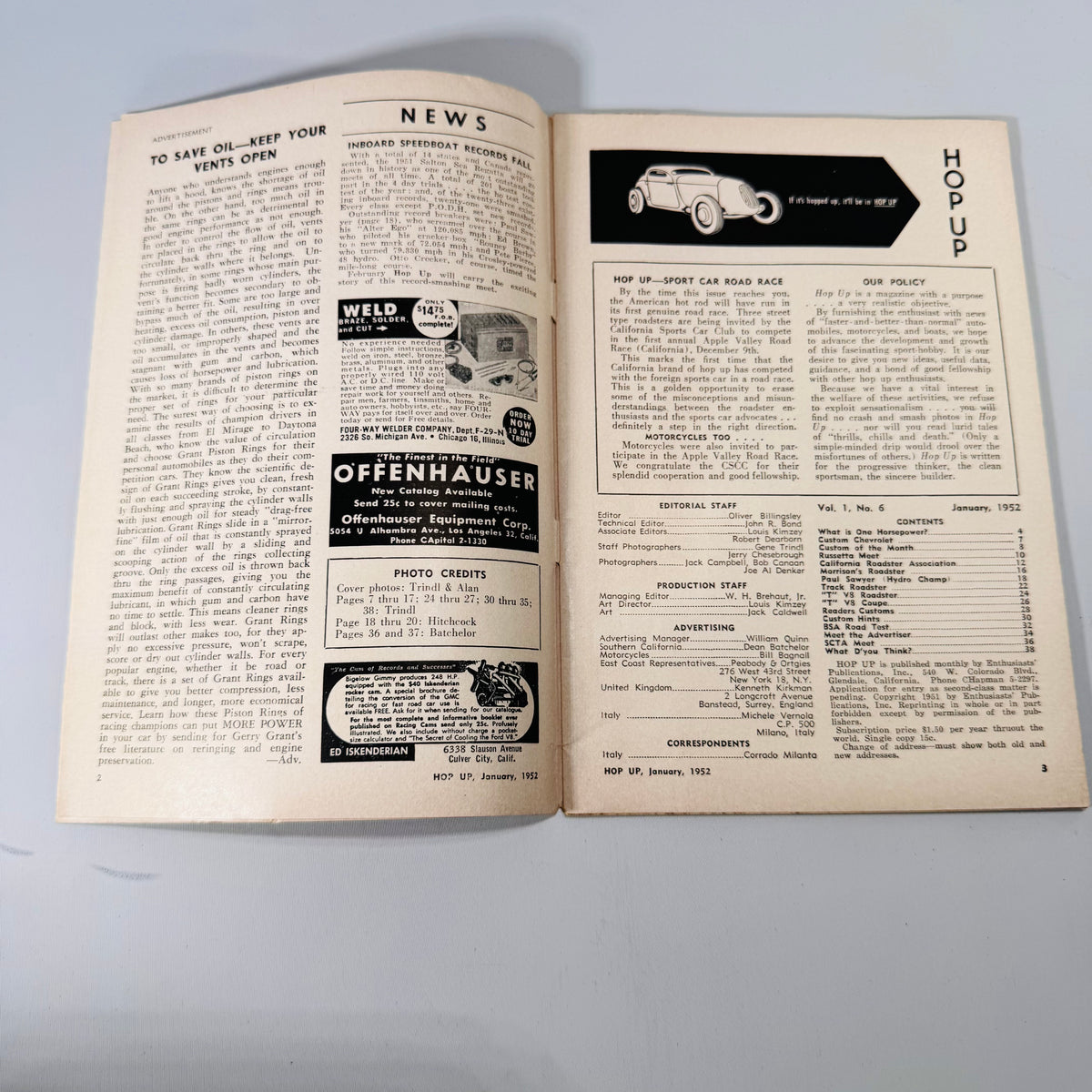 Hop Up January 1952 open to news page, Offenhauser ad, and contents with Vol. 1 No. 6