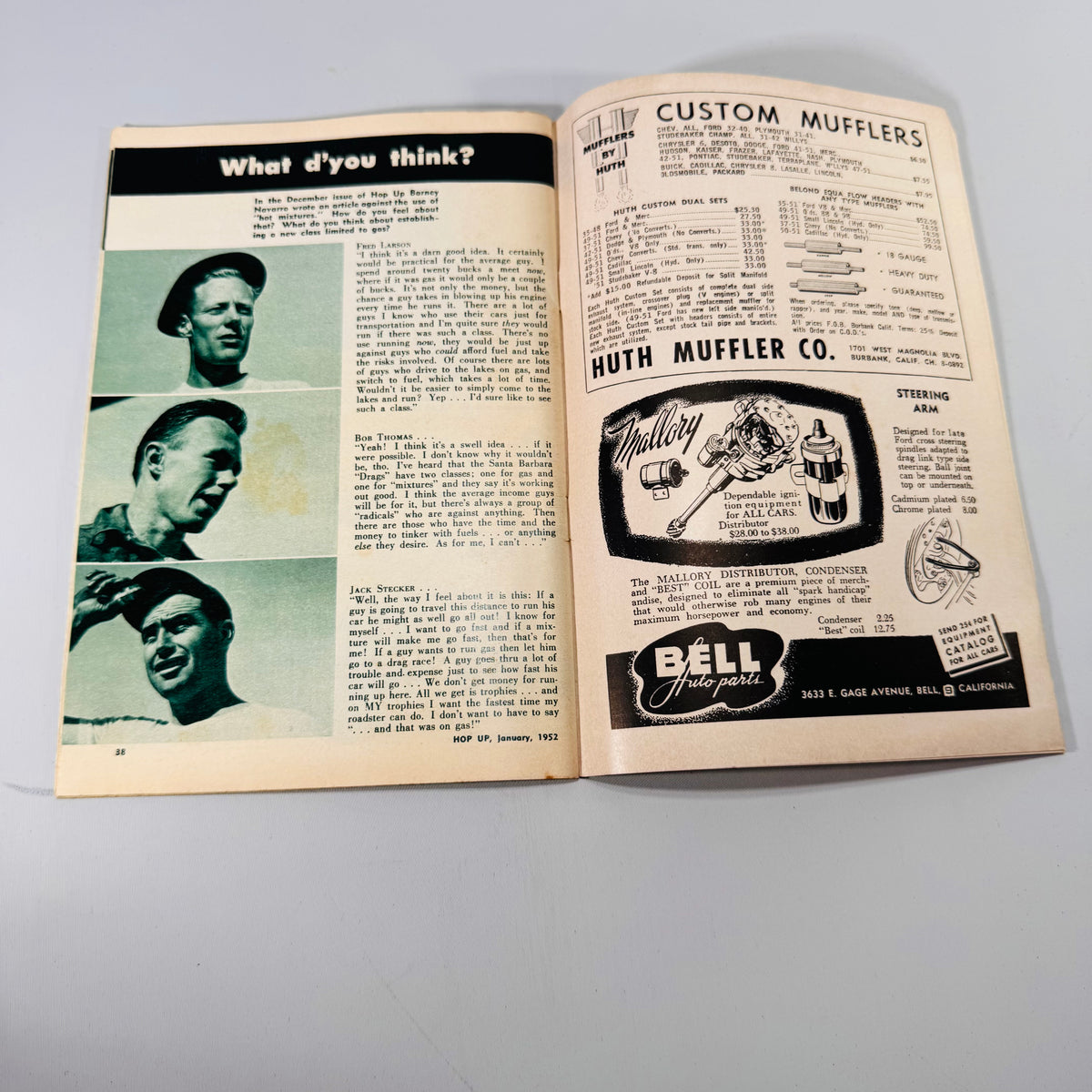 Hop Up January 1952, What d'you think? page with Huth Muffler and Bell Auto Parts ads