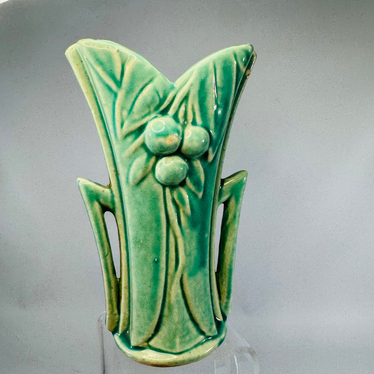 Vintage Turquoise Leaf & Berry Pottery Vase (Unmarked  McCoy  style) – 6"