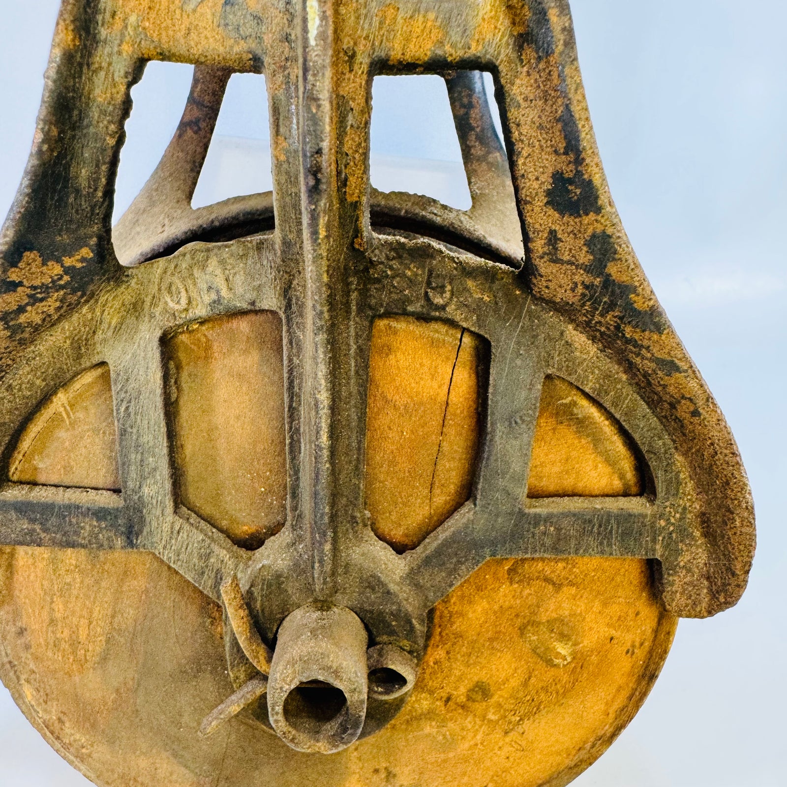 Cast Iron Barn Pulley with 5 Inch Wood Sheave Early 1900s Farm Equipment