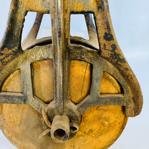 Cast Iron Barn Pulley with 5 Inch Wood Sheave Early 1900s Farm Equipment