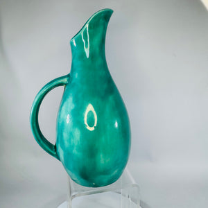 Vintage 1960s Turquoise Pottery Jug Pitcher 8x5 Curved Spout Modernist Bud Vase Mid Century Decor Teal Ceramic Vase
